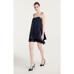 CINQ A SEPT Rhinestones Pleated Hook And Eye Silk Muni Dress Navy Size 8 NWOT